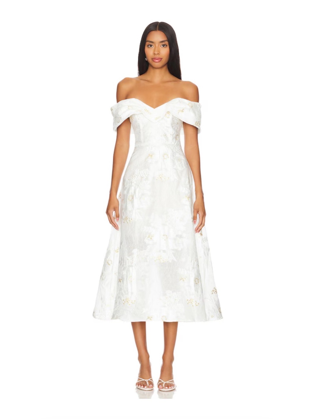 NWT ELLIATT Octavia Midi Dress Ivory Gold Jacquard Off Shoulder Size S
